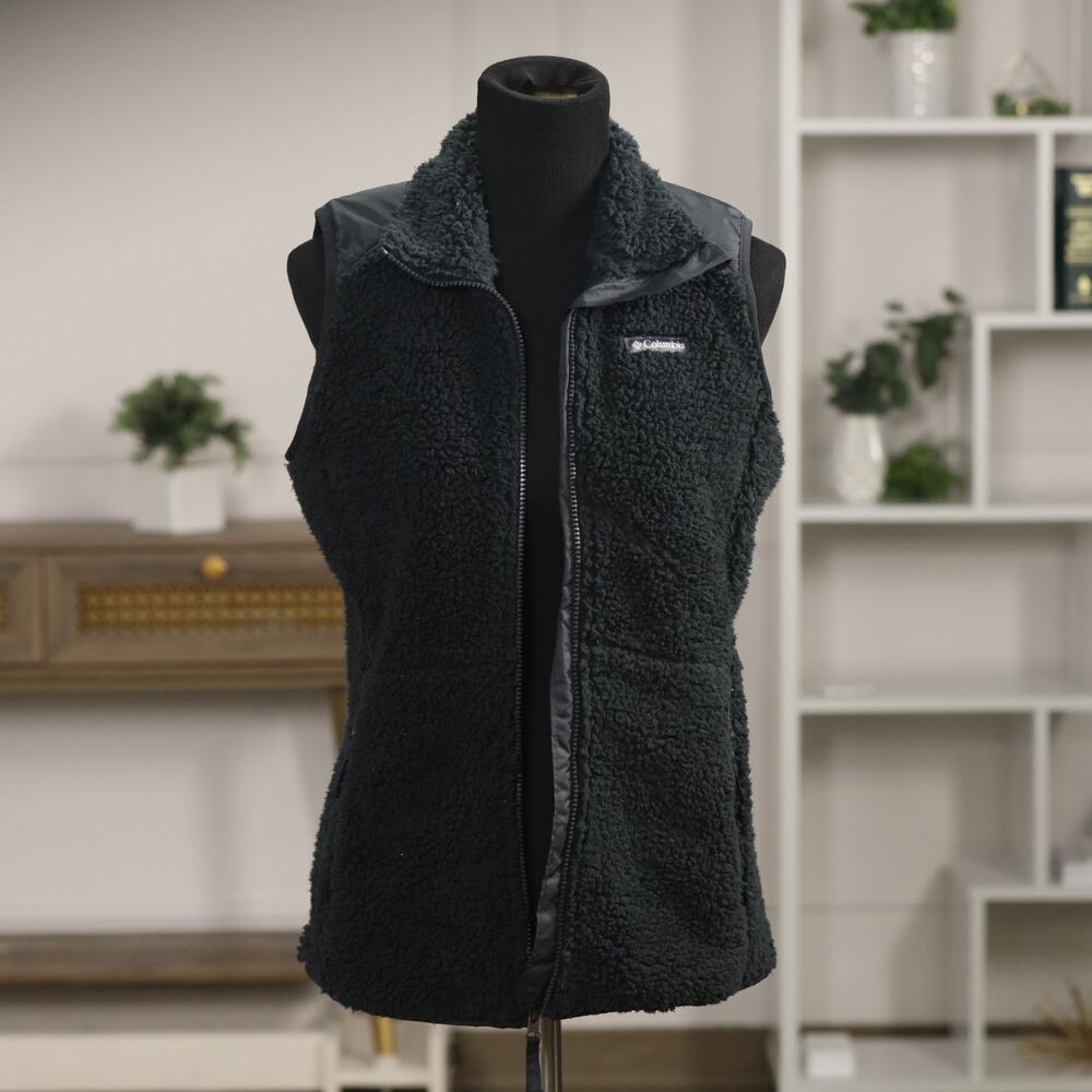 Columbia Black Sherpa Long Vest – Women’s Size Medium 🖤